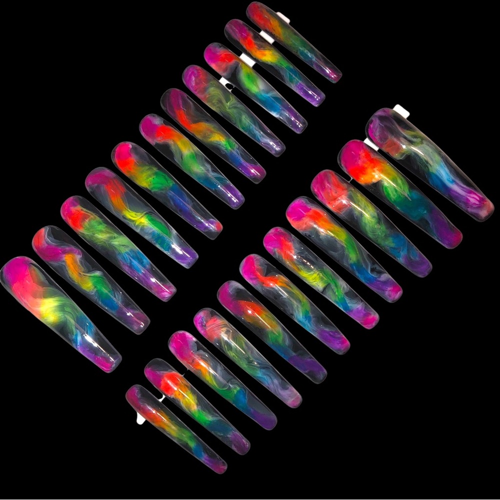 Custom Handmade Set of 22 Press On Nails 2X Long Coffin Shape Black & Ne… - Picture 9 of 9